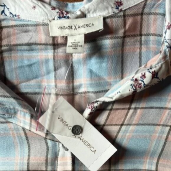 NWT - Pastel Pink and Blue Plaid Button Down Blouse with Ruffle Bottom - Picture 3 of 5